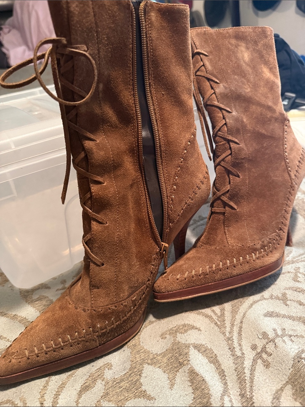 Nine West Brown Suede Lace-Up Heeled Ankle Boots
